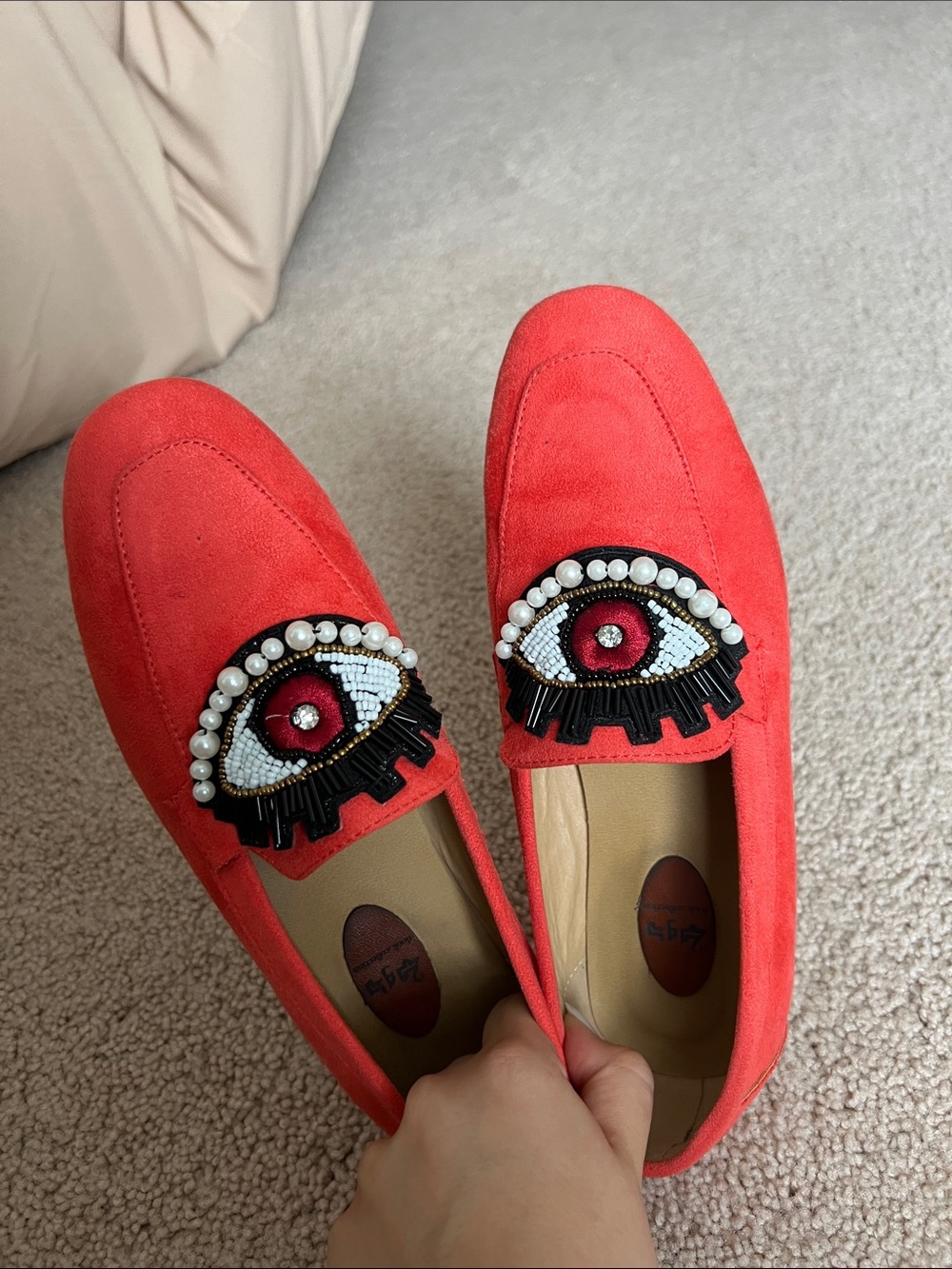 Women’s Red Suede Embellished Loafers - Eye Bead Detail